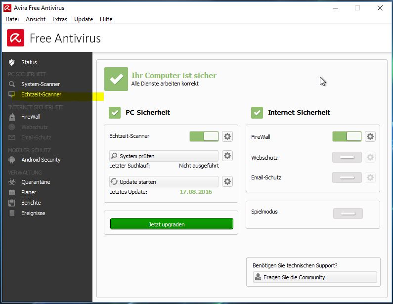 Antivirus Hauptbildschirm