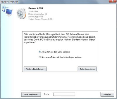 Datenübernahme von der Beurer AS50 ins Diabetes-Tagebuch